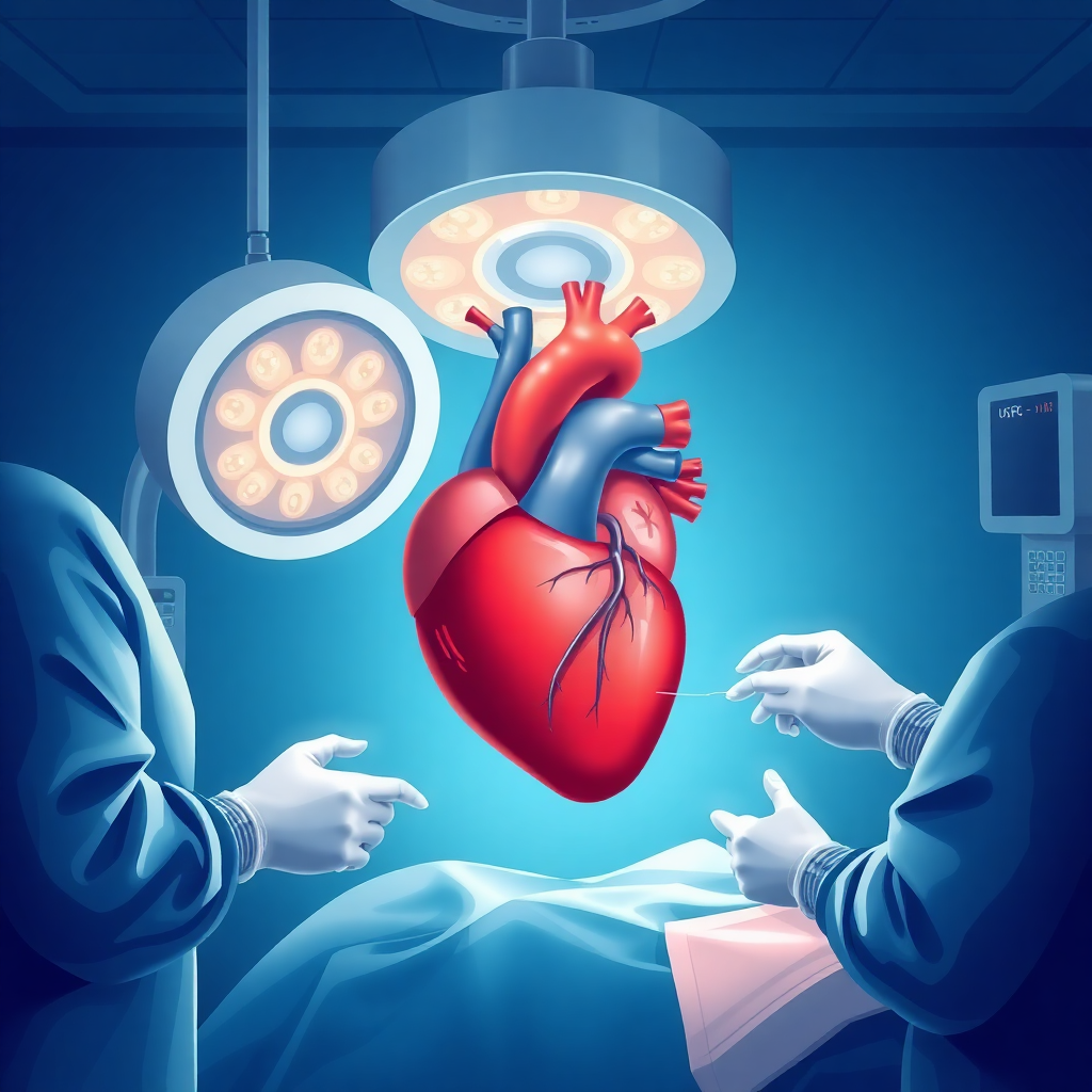 heart transplant surgery medical illustration, modern medical facility